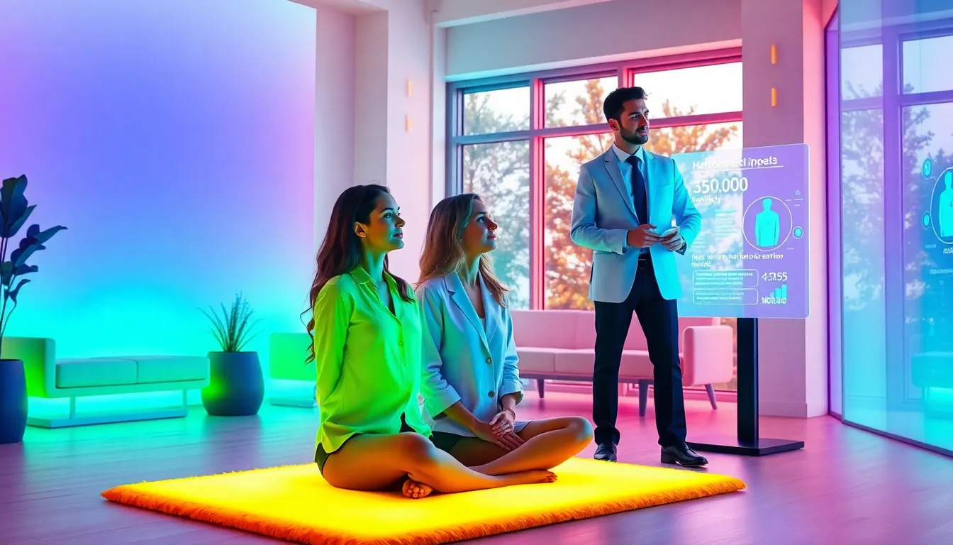 diverse professionals in a vibrant virtual neon wellness environment.