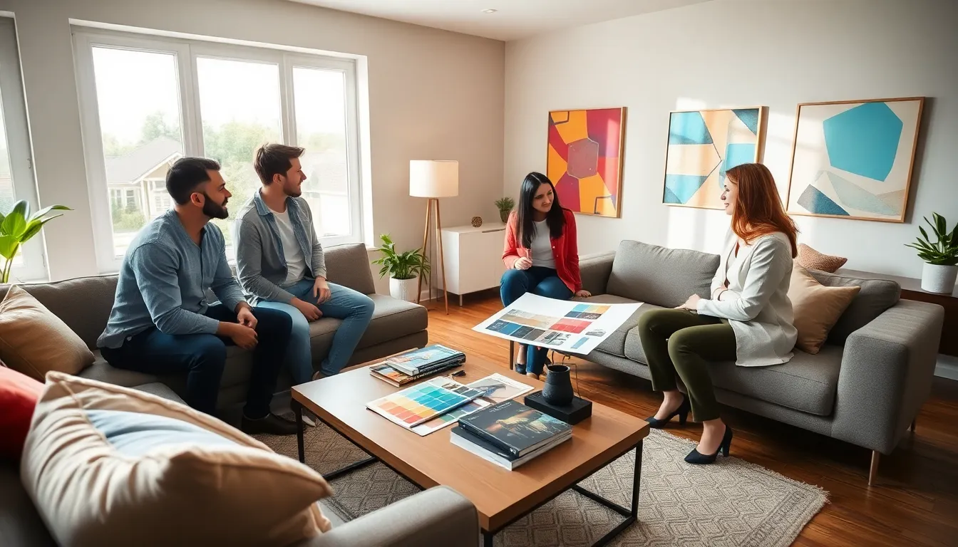 homeowners collaborating with a designer in a renovated living room.