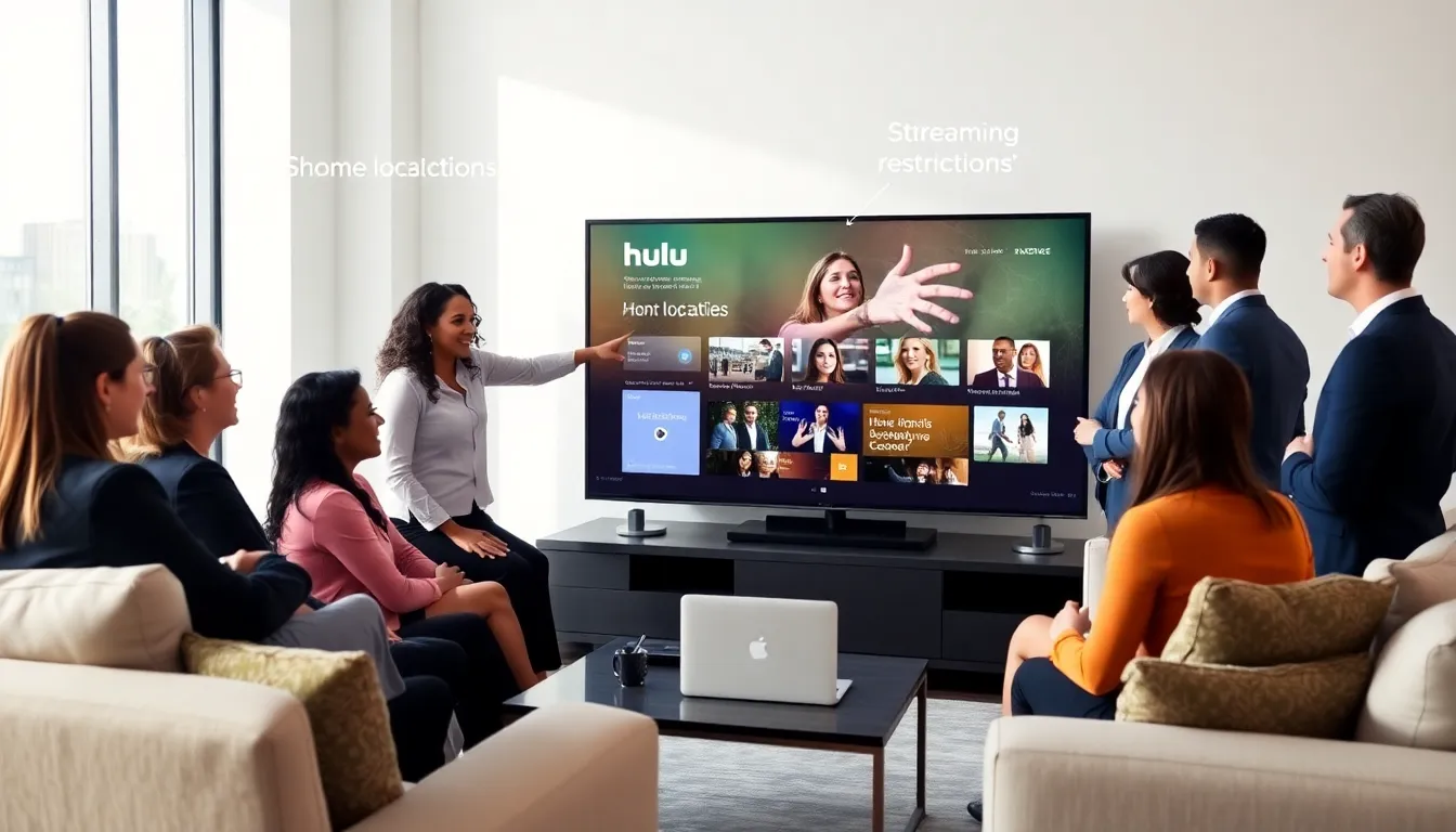diverse group discussing Hulu's home location policies in a modern living room.