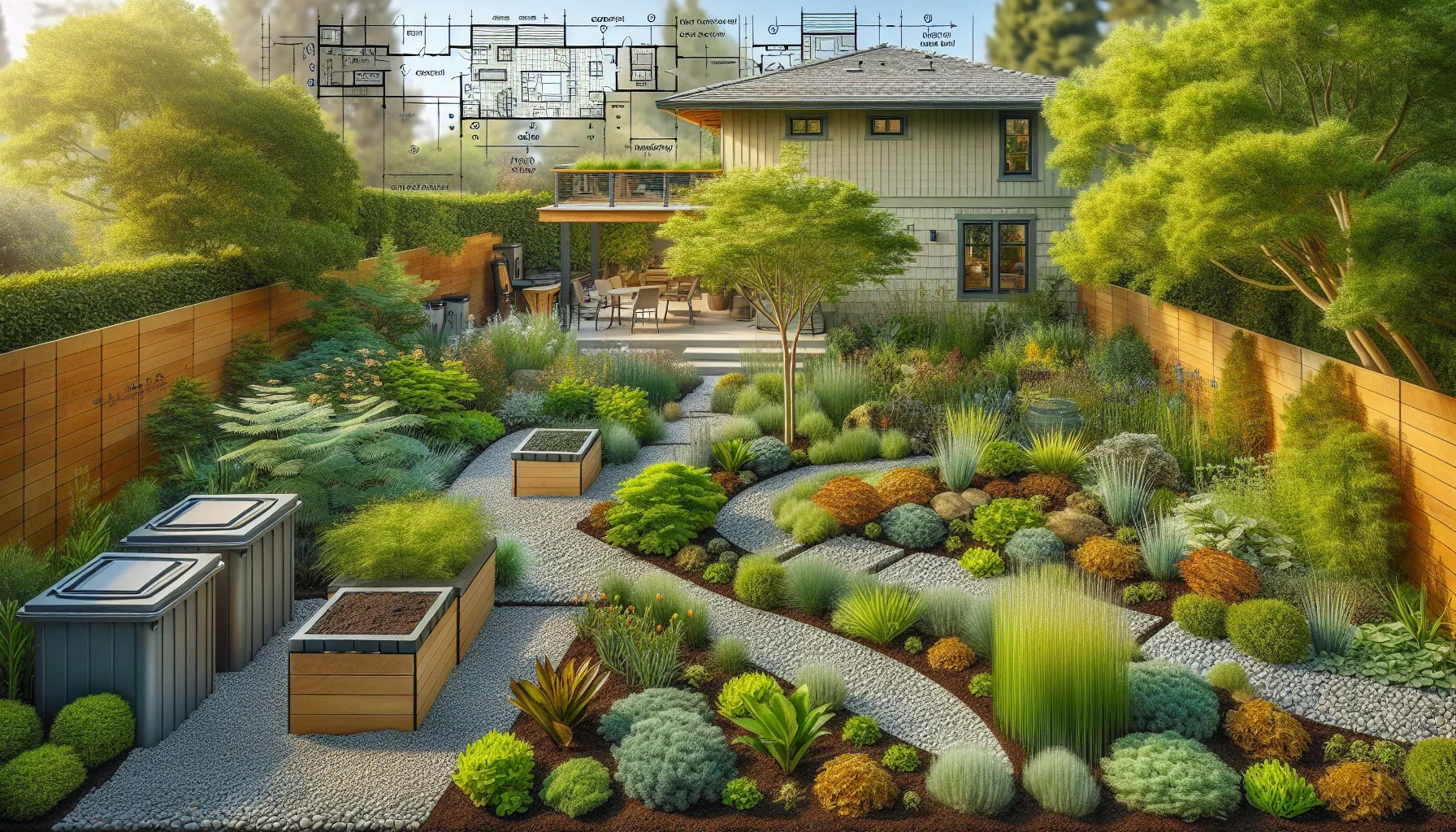 sustainable backyard landscaping with xeriscaping and a rain garden.