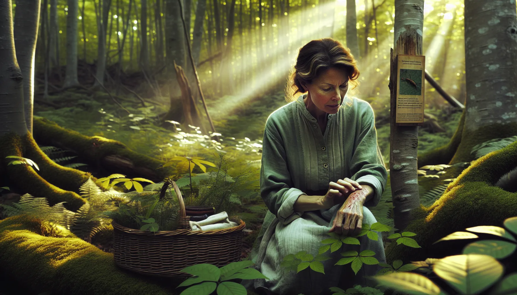 A woman examines a rash in a forest, highlighting health concerns with nature.