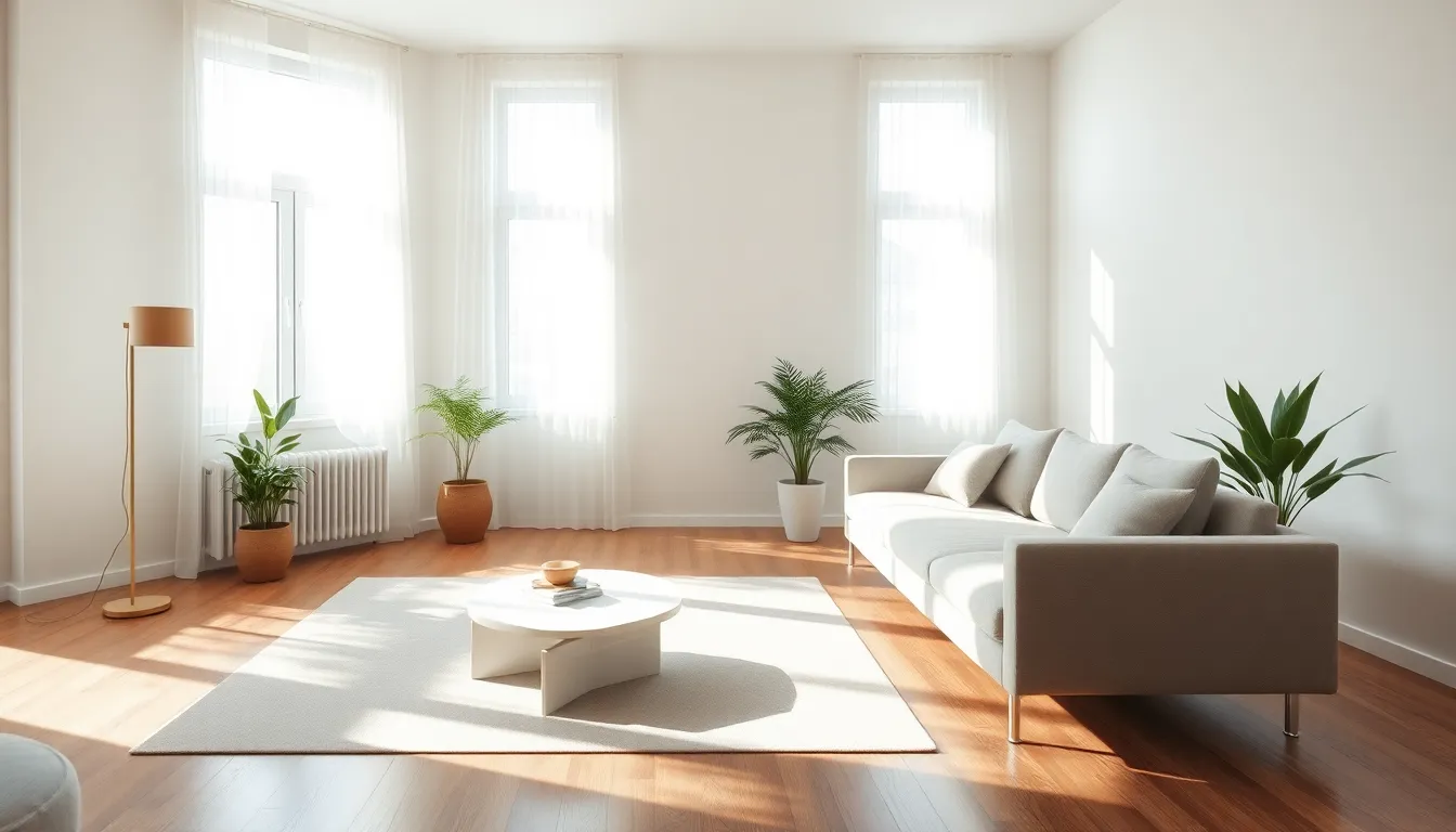 minimalist living room with sleek furniture and neutral colors.