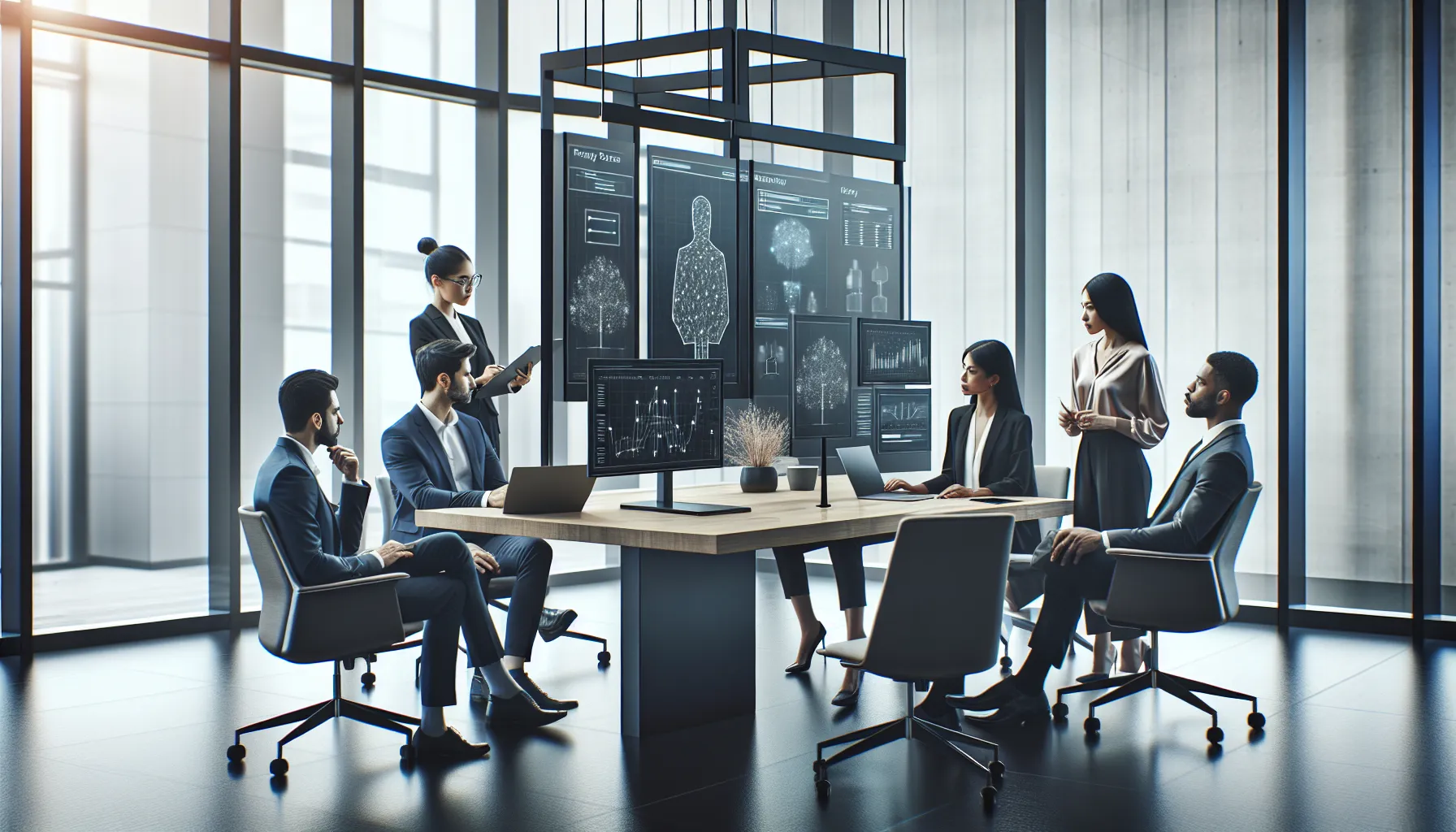 diverse team in a modern workspace discussing data tracking features.