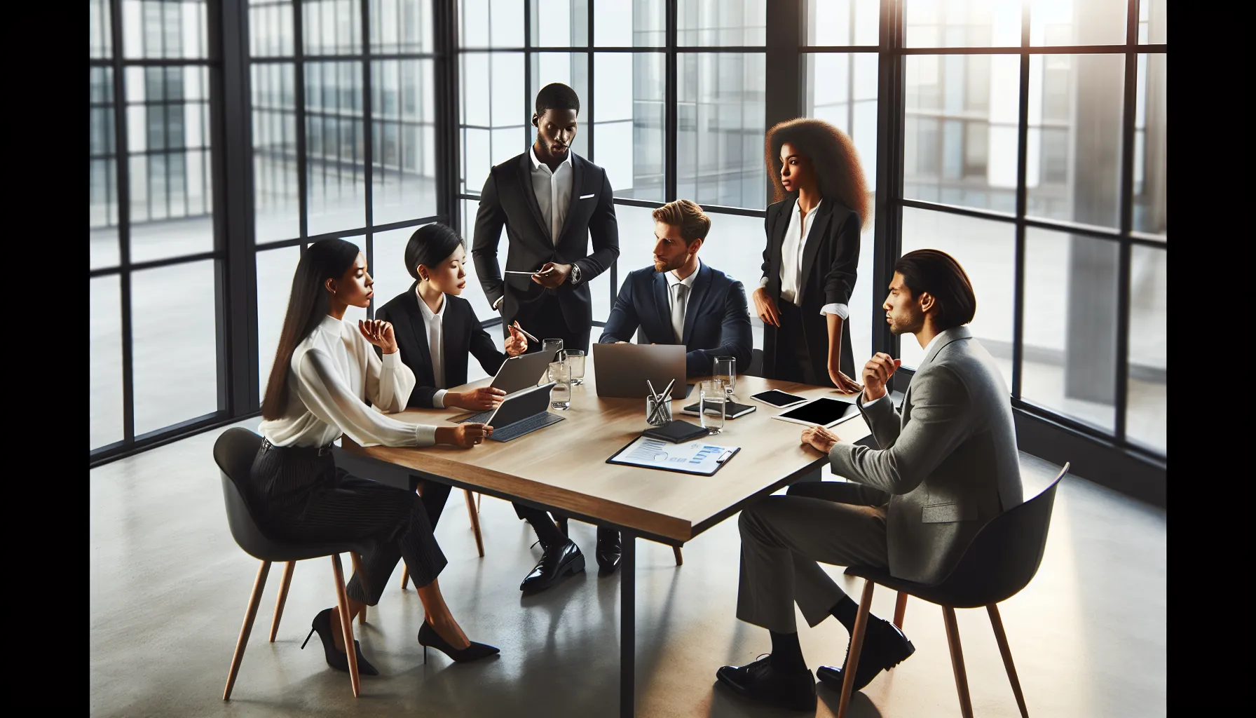 diverse professionals discussing kfvgijg in a modern office.
