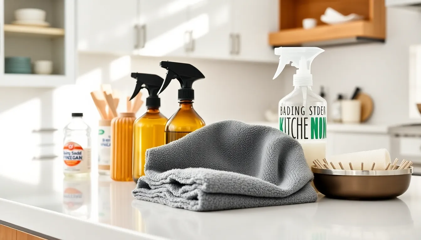 kitchen cleaning tools neatly arranged on a modern countertop.
