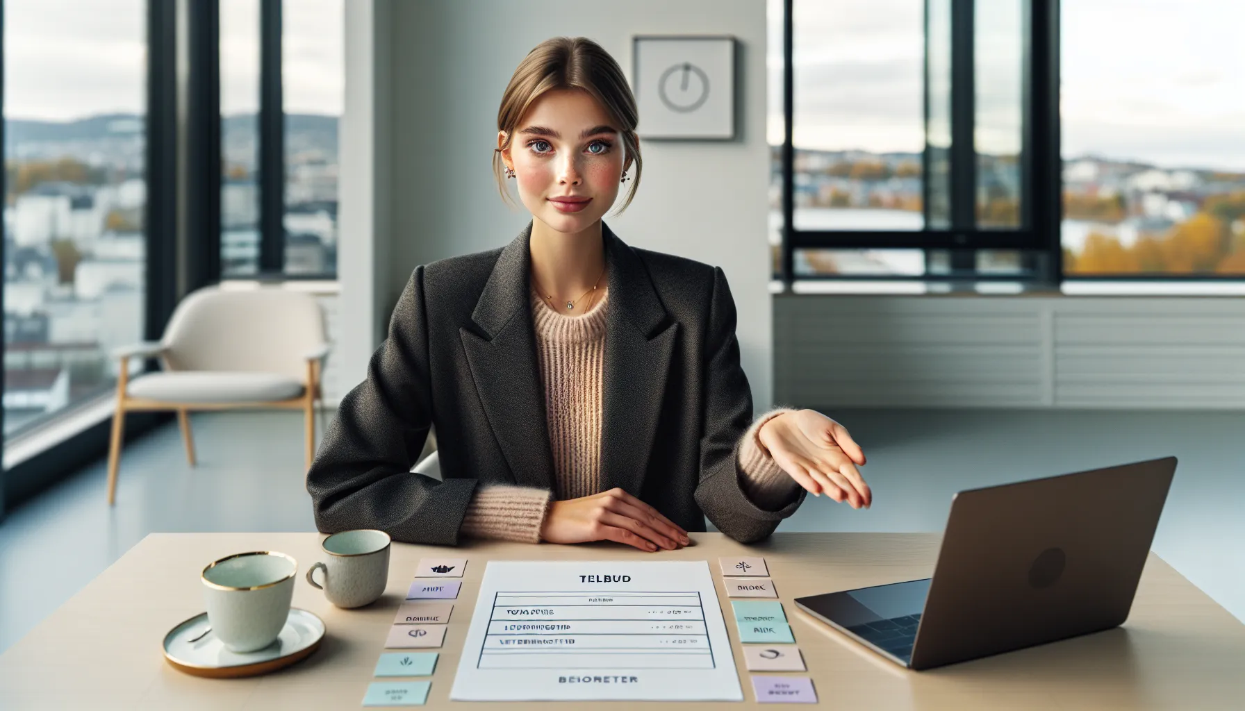 Young professional negotiates calmly in a bright oslo office, priorities listed.