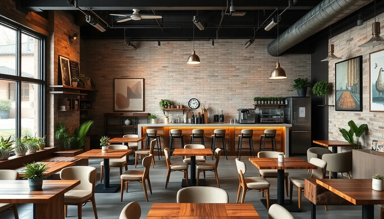 A stylish cafe interior combining rustic and modern design elements.