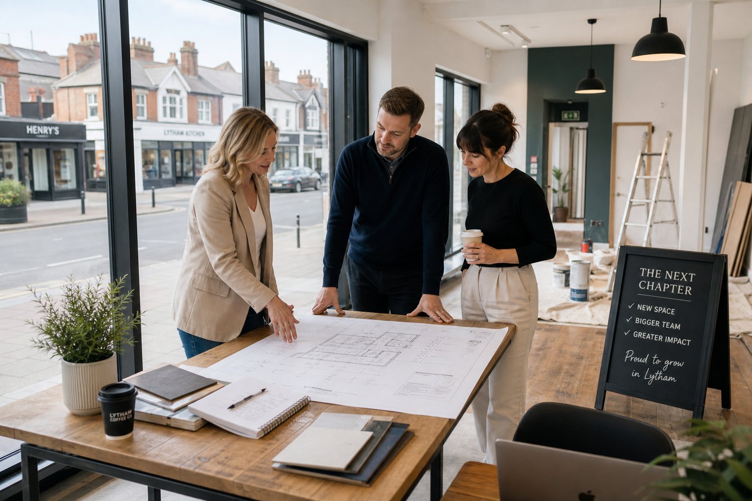 Commercial Mortgage Broker Lytham 3 Business team reviewing plans inside a newly acquired commercial property in Lytham.