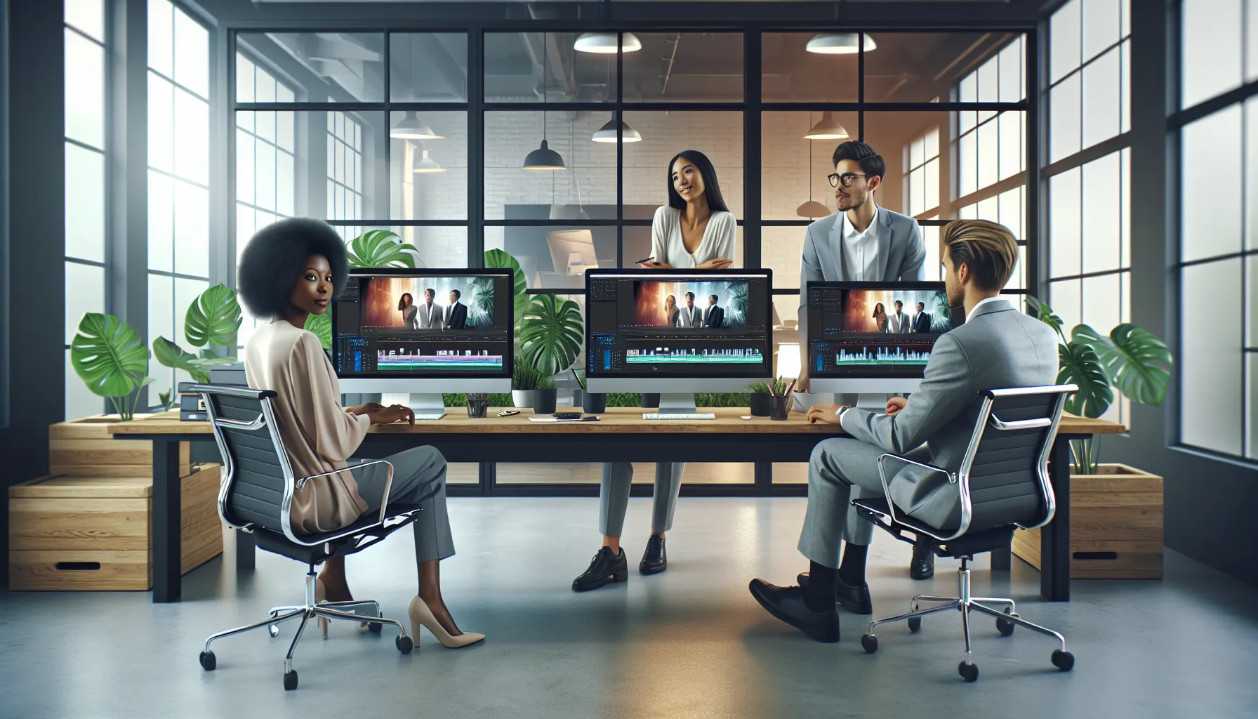 team collaborating at a modern video editing workstation.