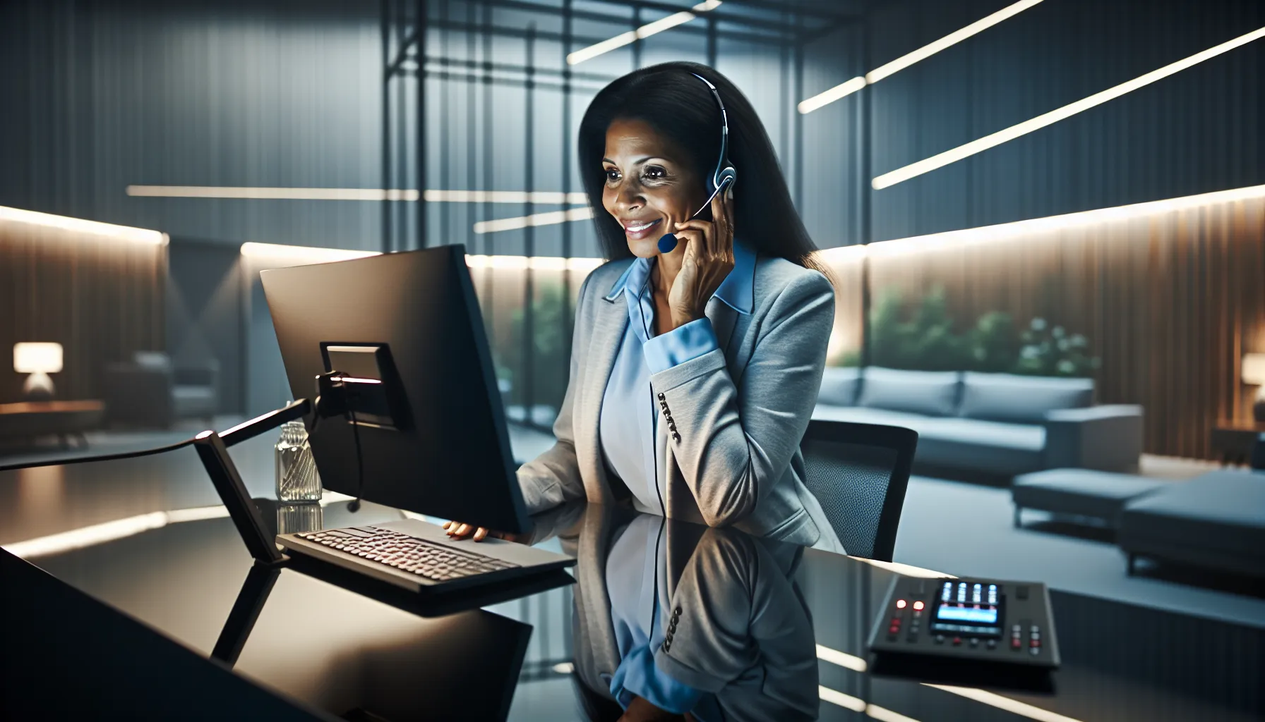 Techgroup21 representative answering a customer query in a modern office.