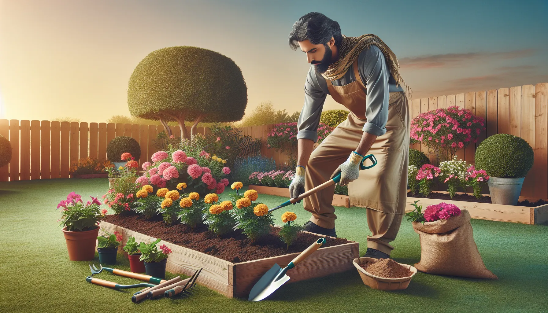 A gardener planting bright annual flowers in a suburban garden during morning.