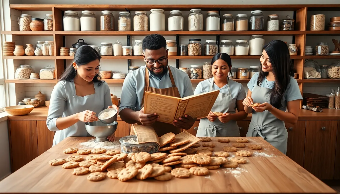 professional bakers collaborating in a kitchen with cookie recipes and ingredients.