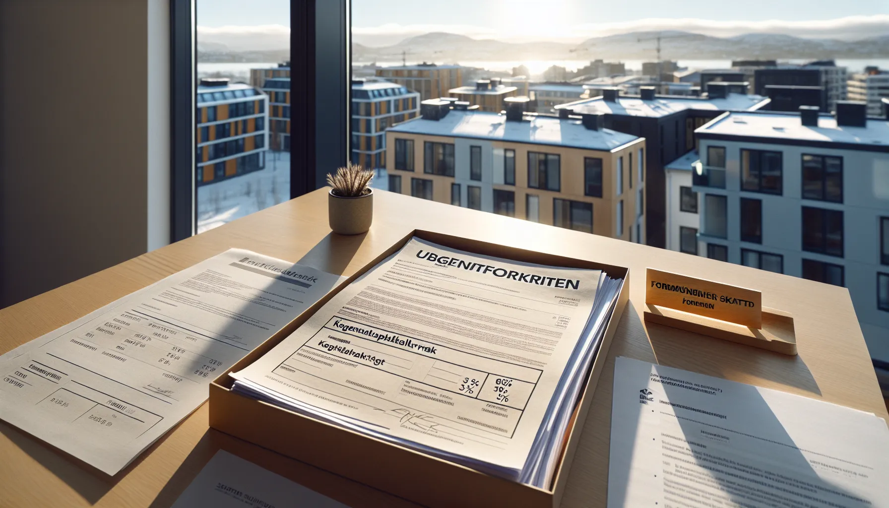 Norwegian investor’s desk with loan rules, taxes, and rental limits displayed.