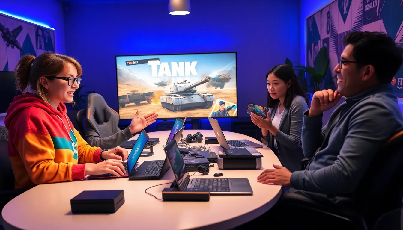 a diverse game development team discussing the 'Tank Rapid' project.