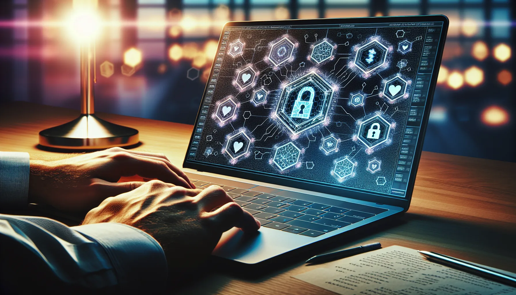 Laptop displaying encrypted cryptocurrency transaction interface with privacy shields and cryptographic symbols.