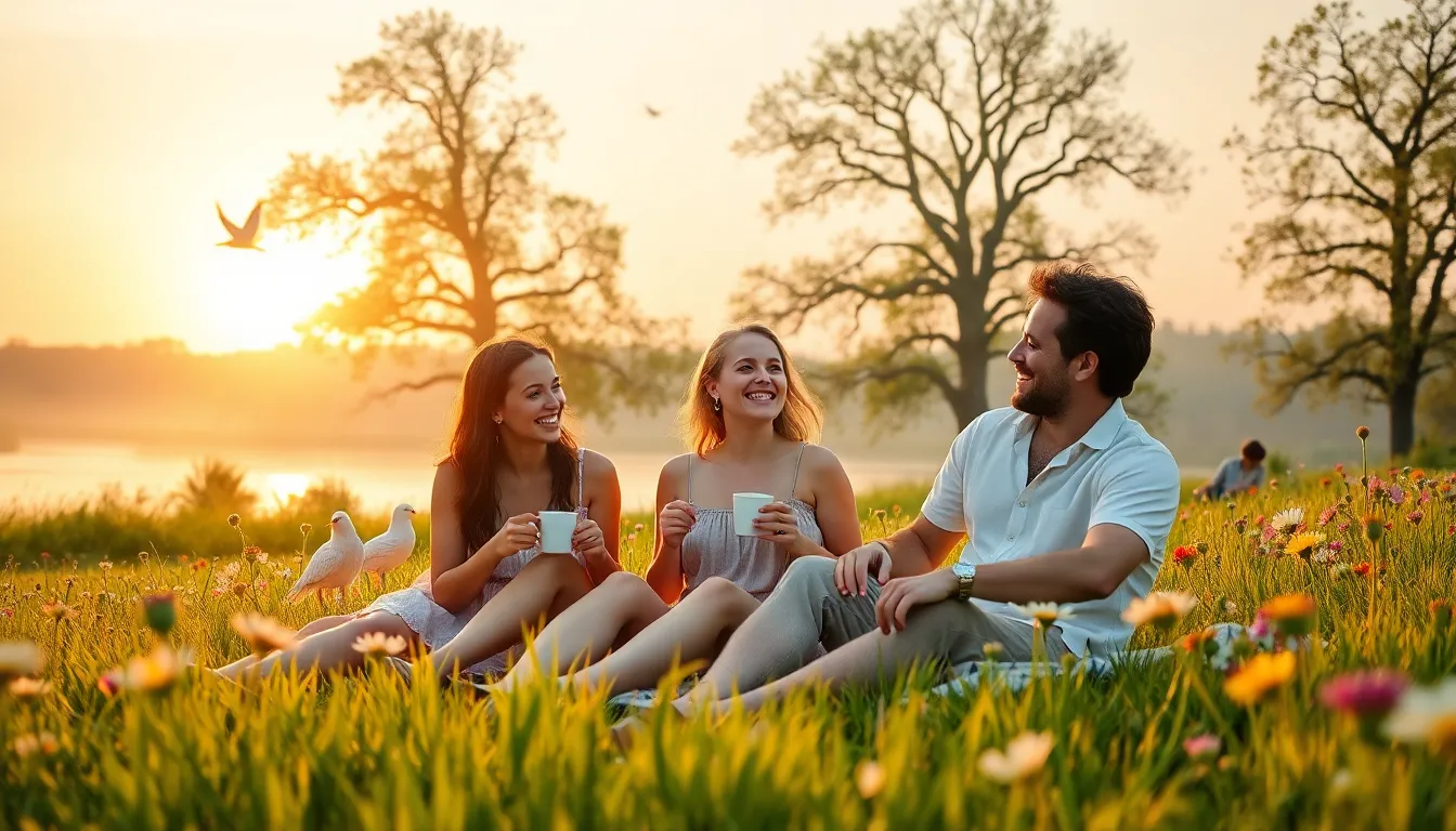 diverse group enjoying a peaceful summer morning outdoors.