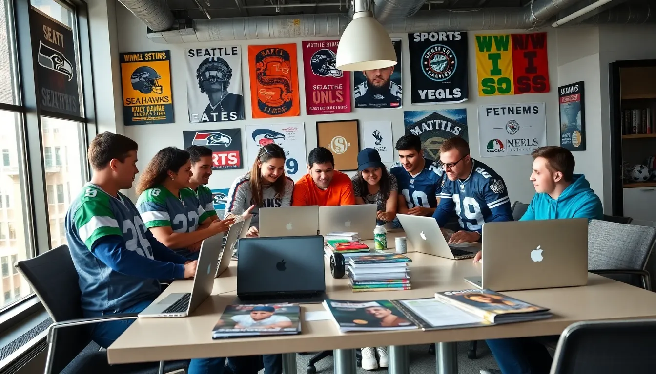 group of sports fans collaborating in a modern office setting.
