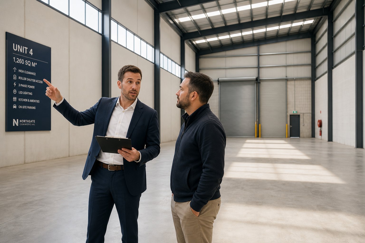 Broker and client discussing finance inside a bright industrial warehouse unit.