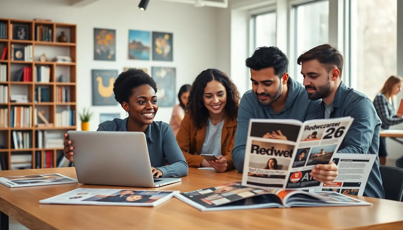 A group of young adults collaborating in a bright, modern office.