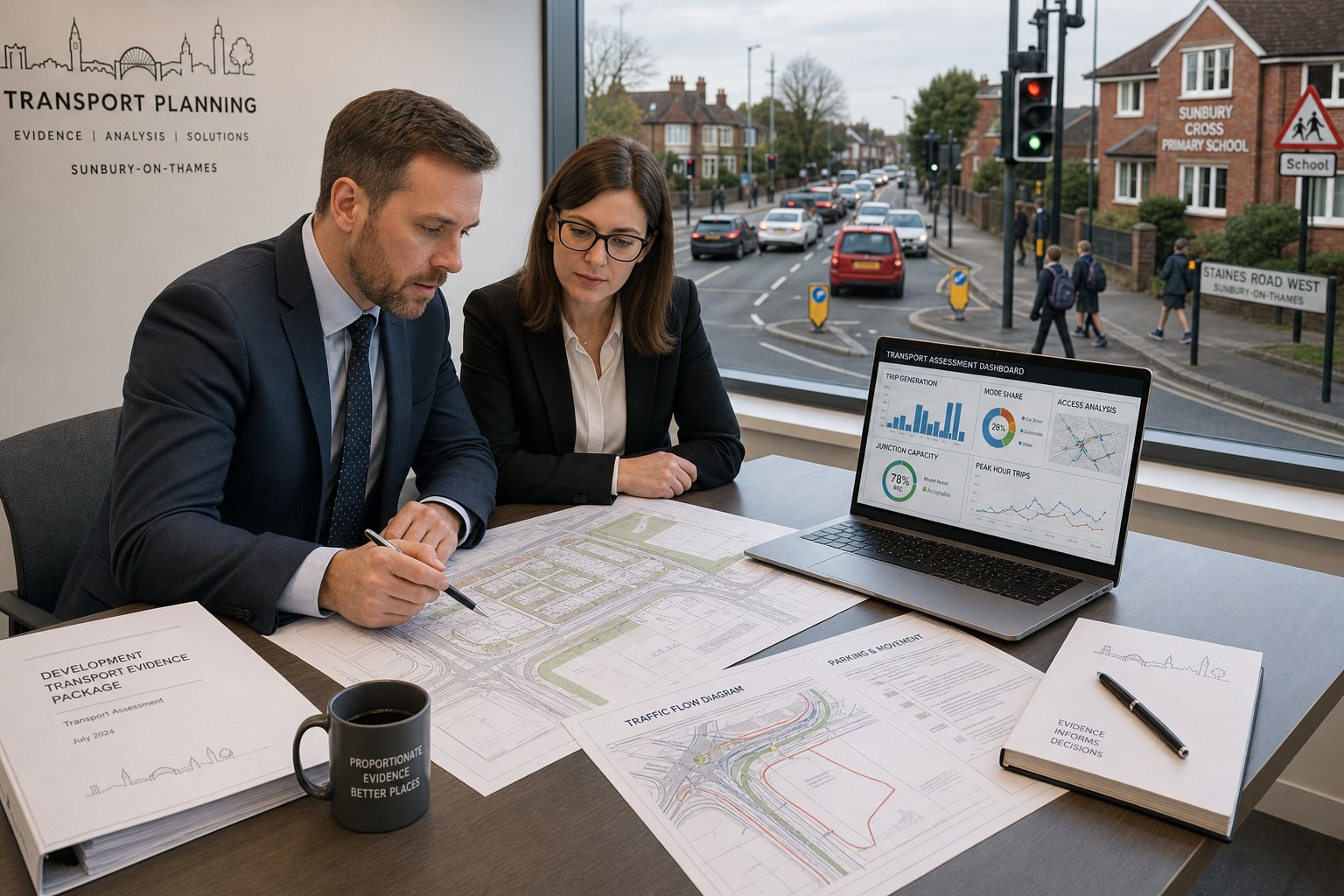 Traffic engineer reviewing transport assessment plans in a modern UK office.