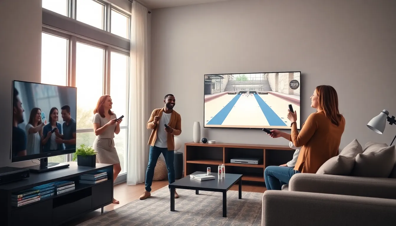 family enjoying gaming in a modern living room with the new Nintendo Wii.