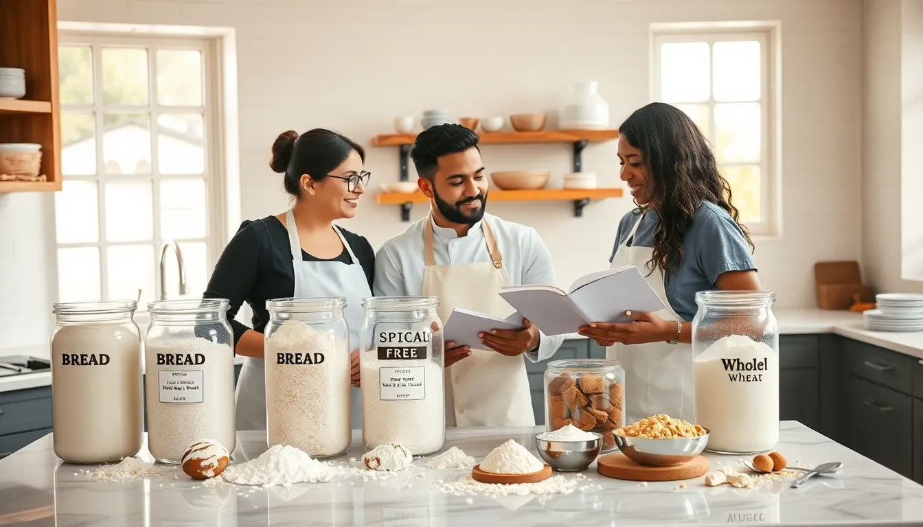 diverse bakers selecting flour types in a modern kitchen.