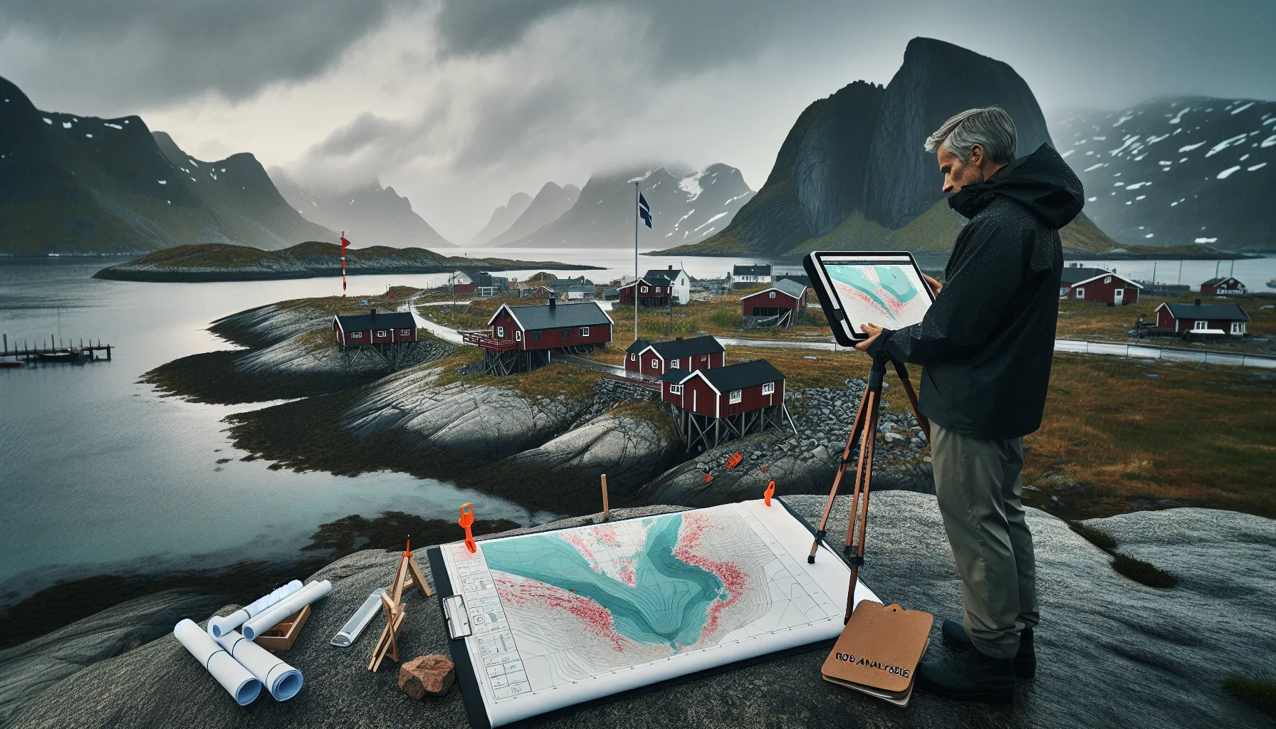 Planner reviews hazard maps on-site above a norwegian fjord before building.