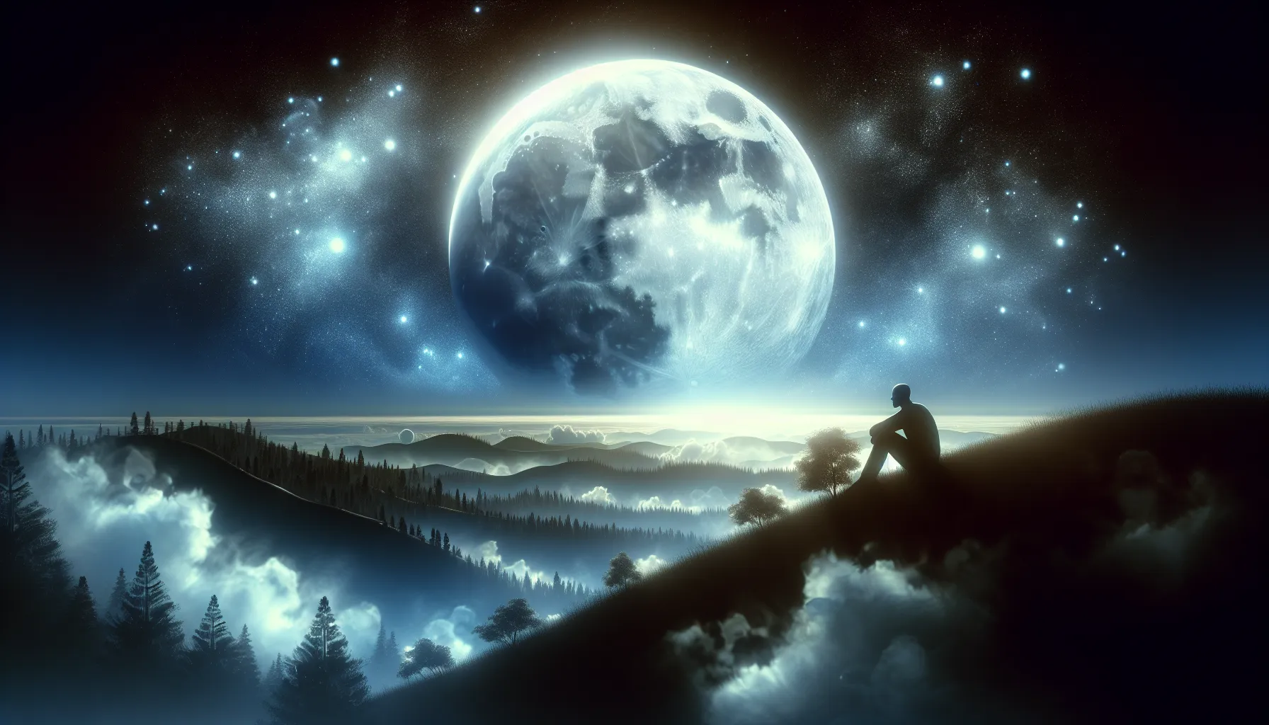 person gazing at a full moon in a serene night sky.