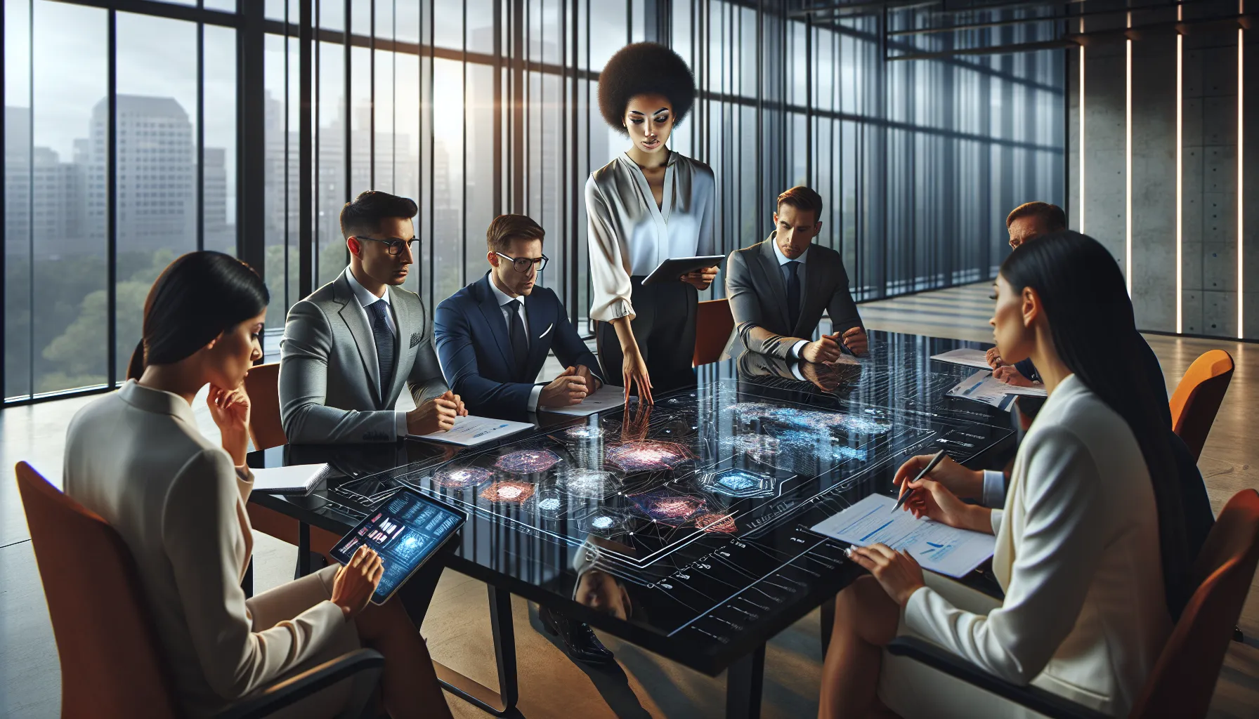 diverse team discussing concepts in a modern office setting.