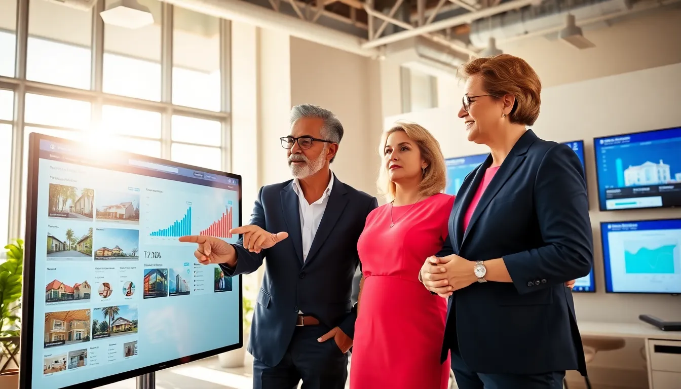diverse real estate professionals collaborating in a tech-driven office environment.