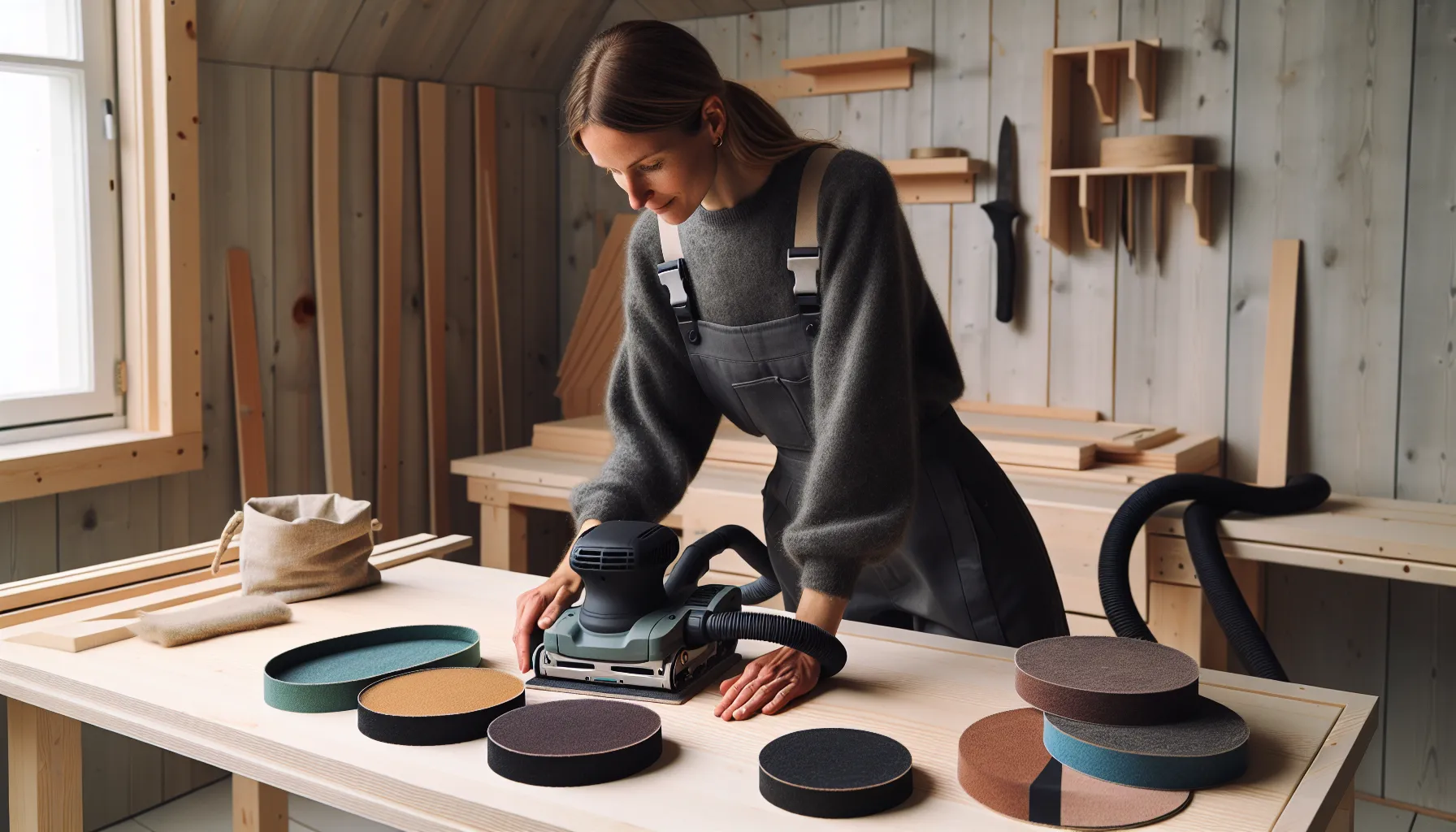 Close-up of a belt sander and graded sanding belts in a norwegian workshop.