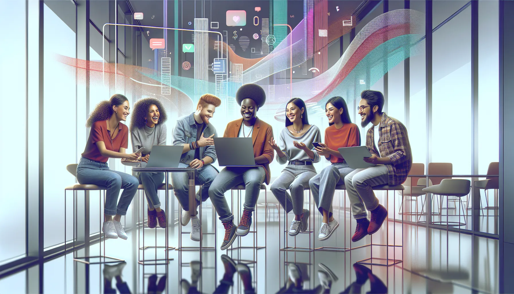 diverse group discussing online cultural phenomenon in a modern workspace.