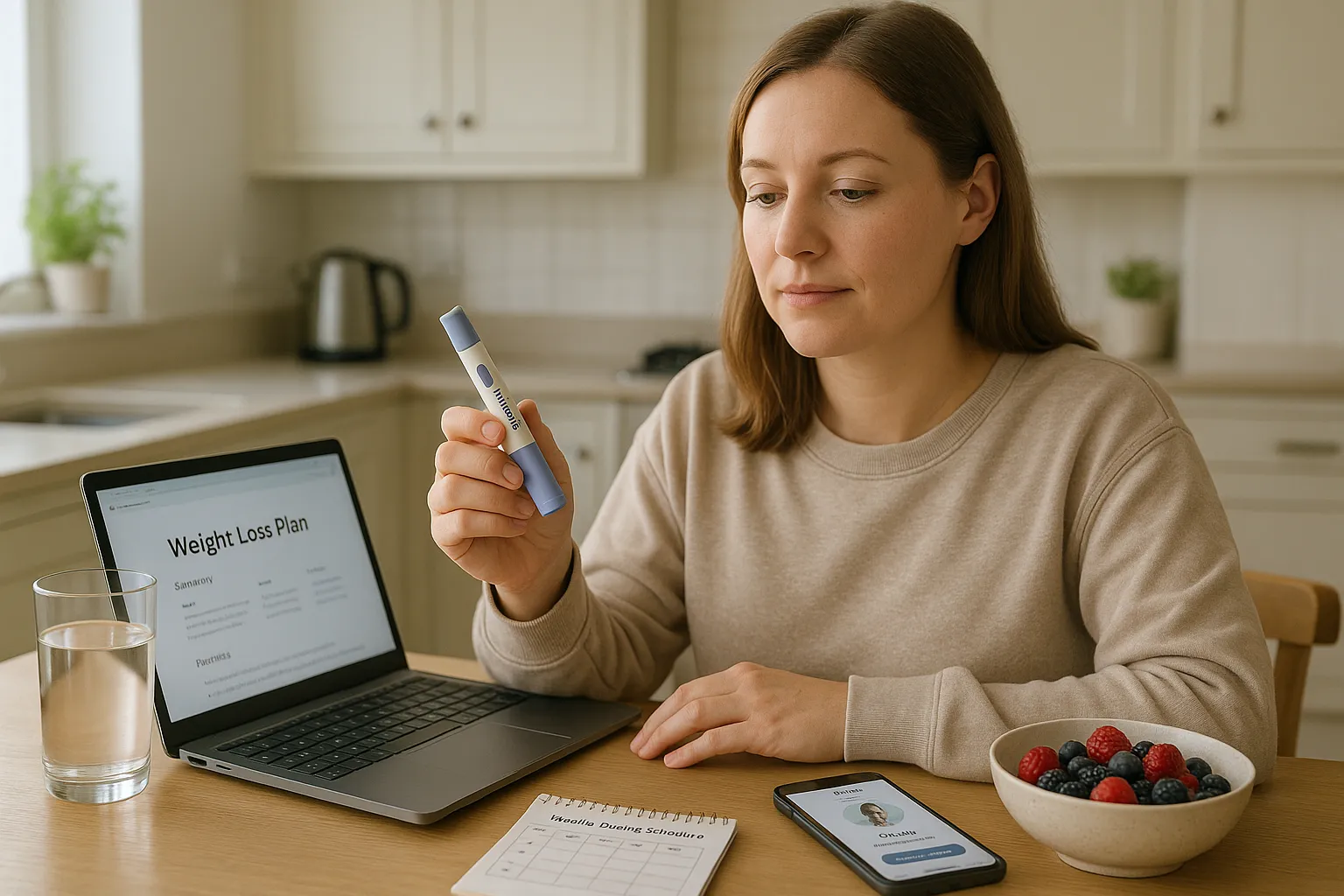 Woman at home holding an injection pen during a weight loss treatment plan.