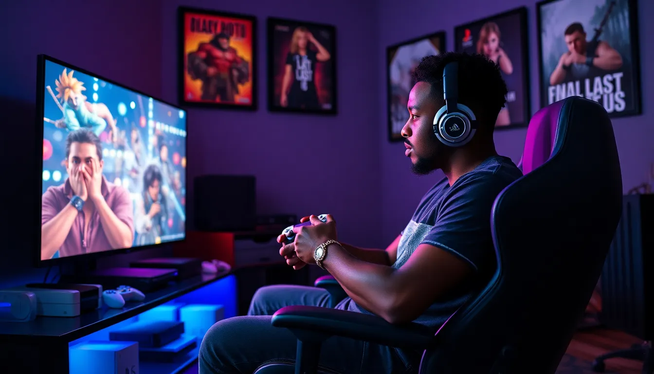A gamer immersed in playing on a PlayStation 5 in a stylish gaming room.