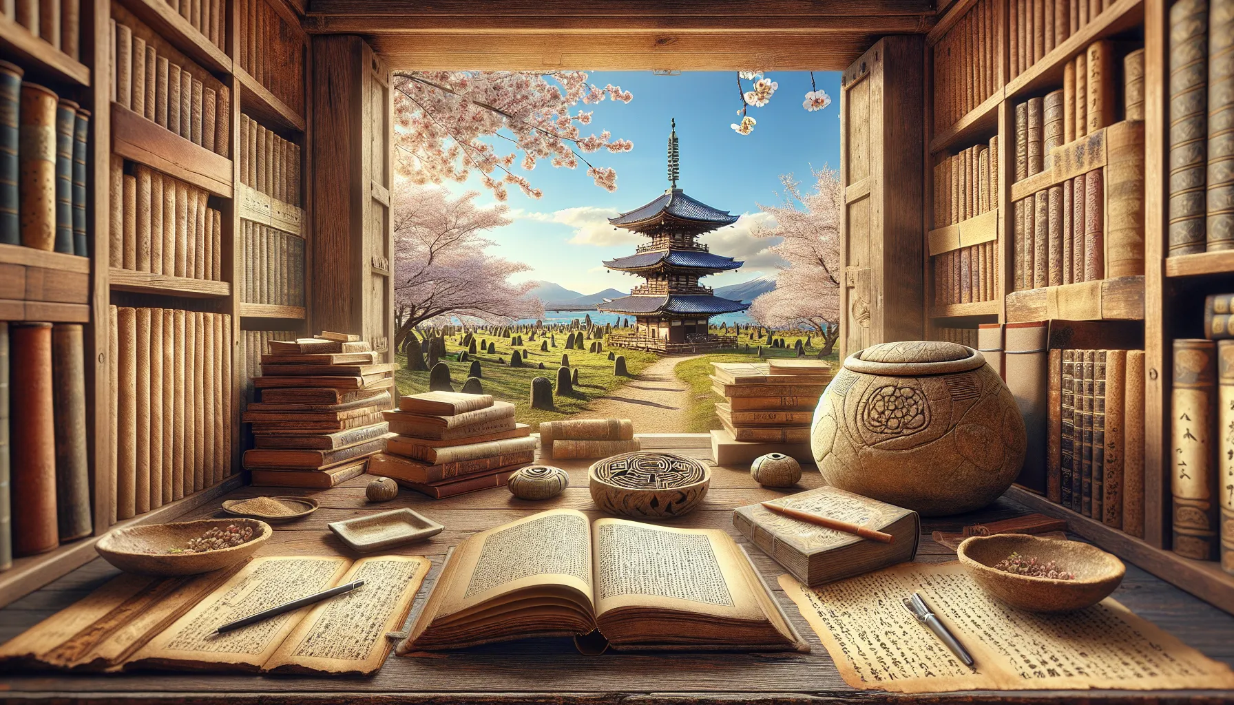 Artifacts and books illustrating Japan's historical origins in a scholarly setting.