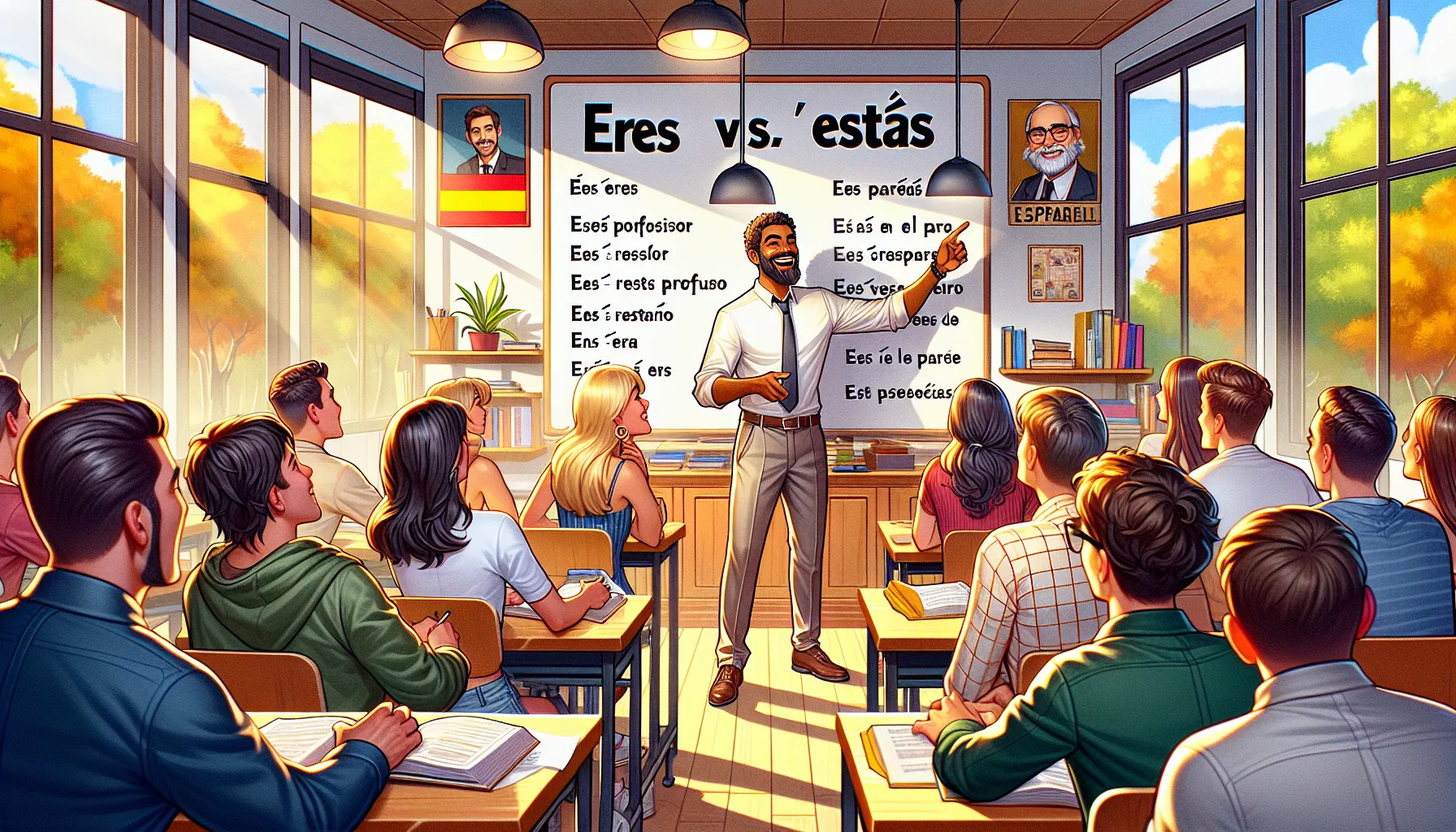 A teacher explains the usage of 'Eres' and 'Estás' on a board in a classroom.