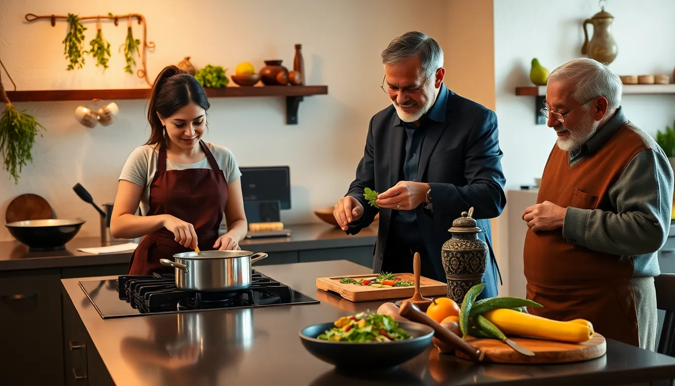 diverse chefs preparing charuebat in a cozy kitchen.