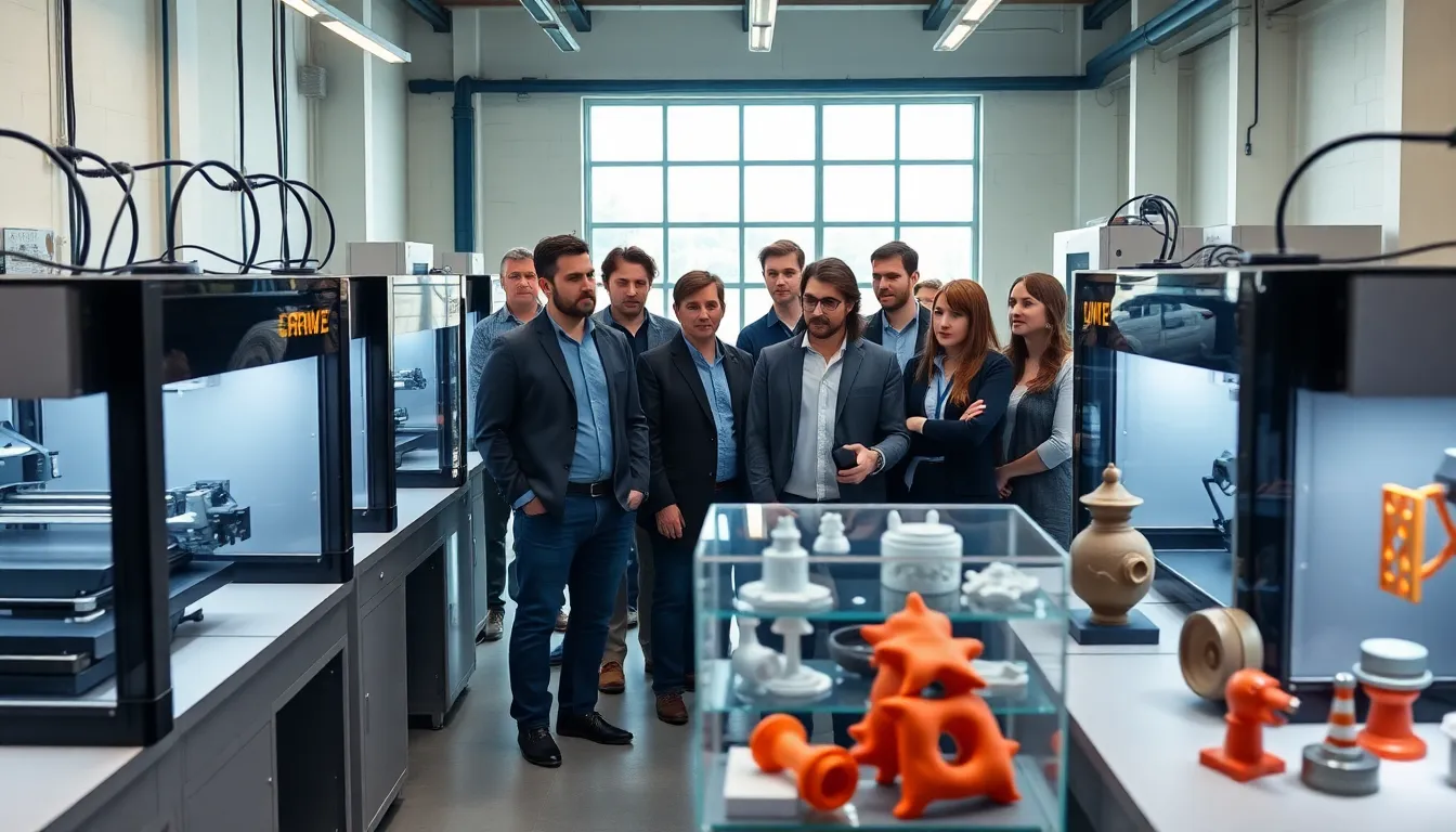engineers observing carbon fiber 3D printing in a modern workshop.