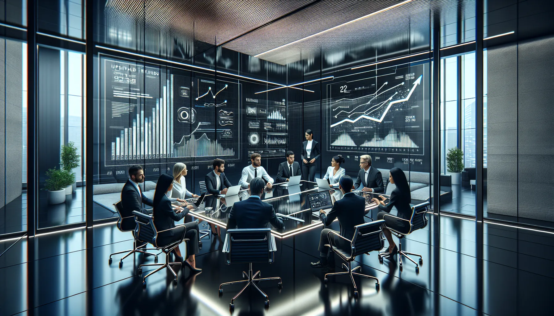 diverse team discussing future developments in a modern office.