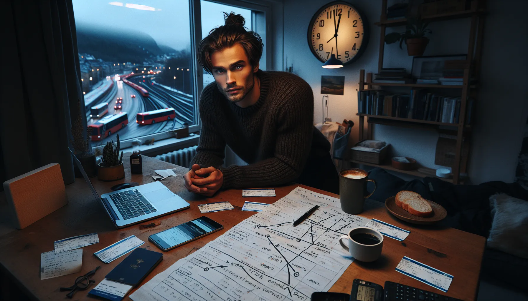 Young norwegian traveler planning a complex long-distance trip at a cluttered table.