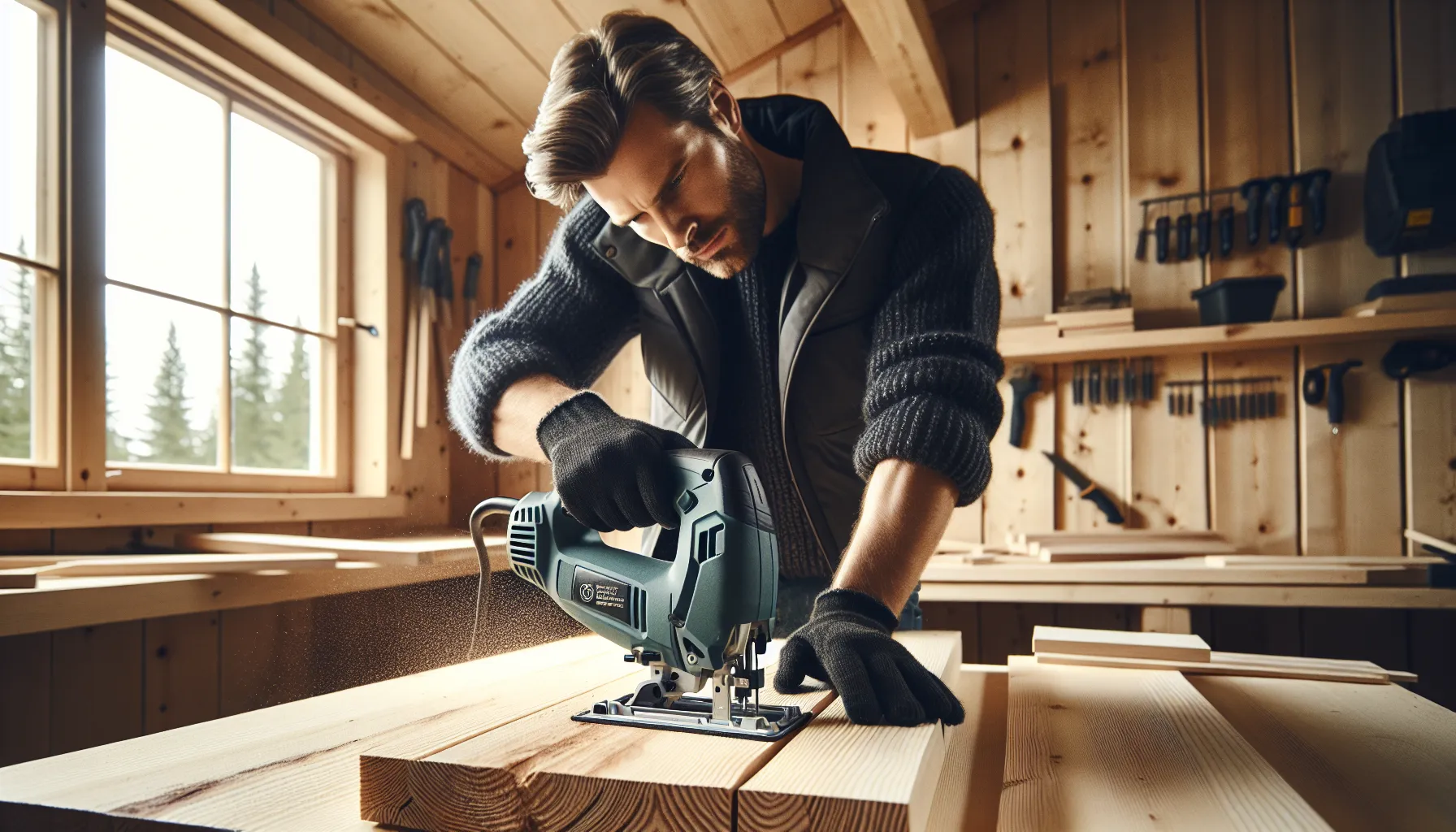 Close-up of a jigsaw making a fast, clean wood cut in a norwegian workshop.