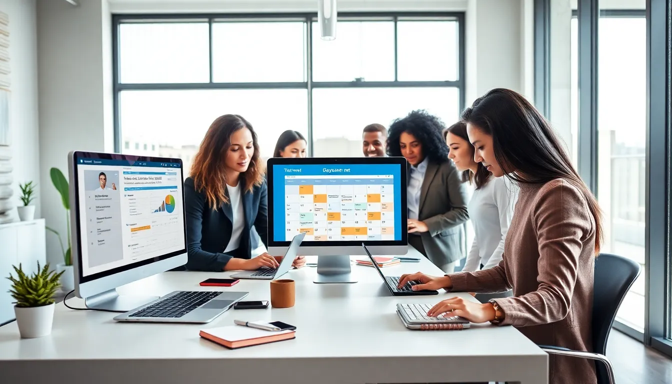 diverse professionals collaborating in a modern workspace with digital devices.
