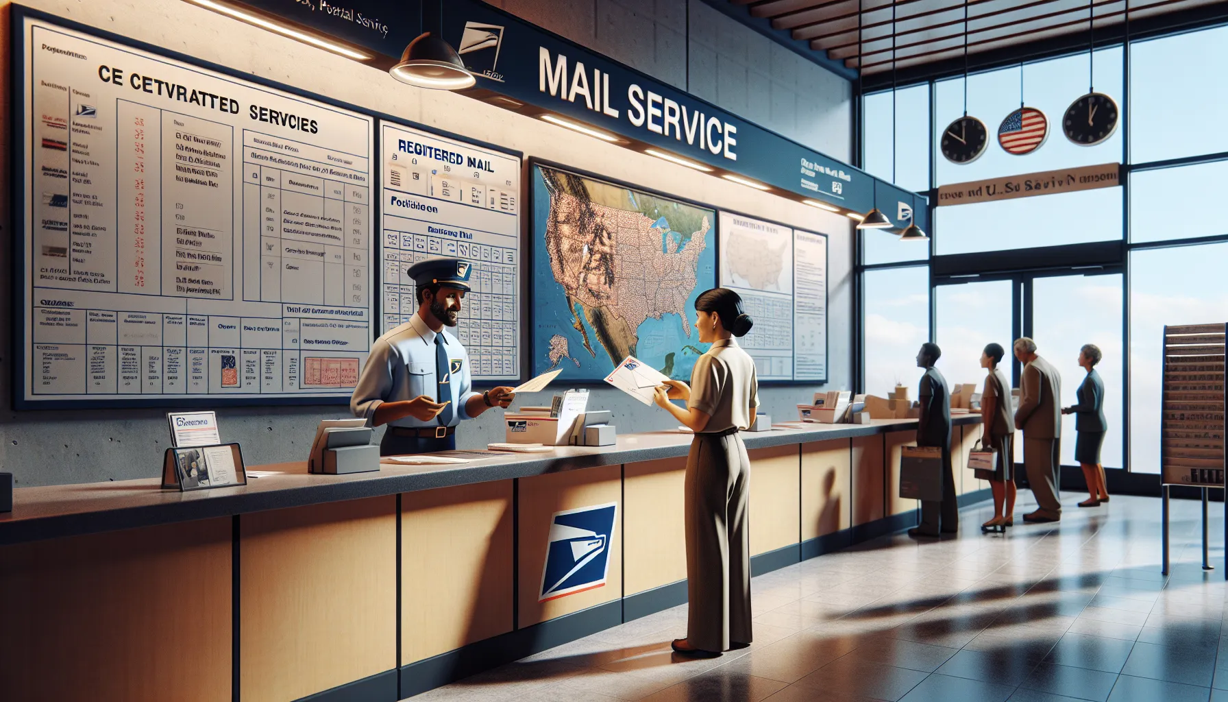A person at a post office counter discussing mail services with a postal worker.
