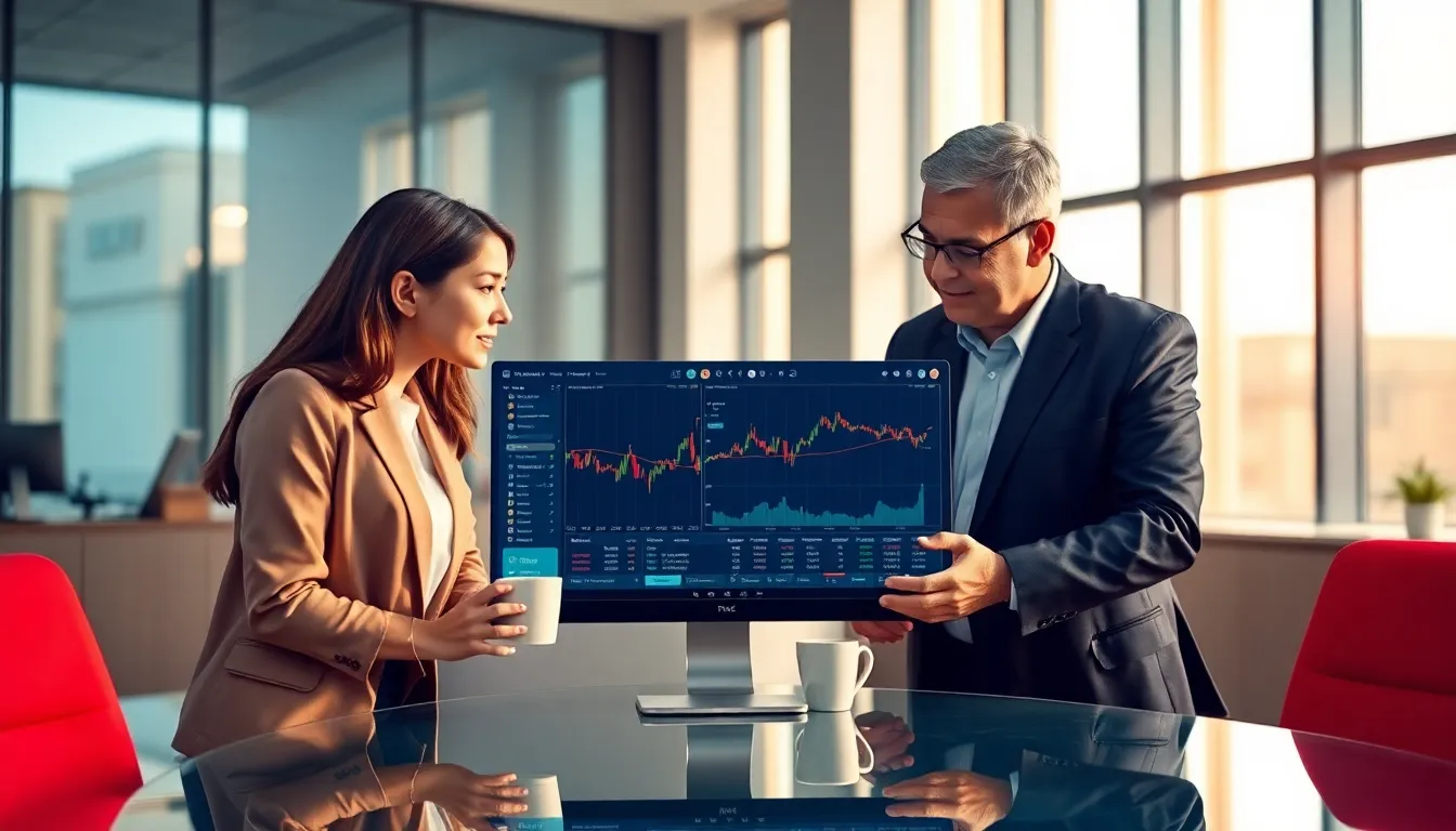 diverse professionals discussing cryptocurrency trading in a modern office.