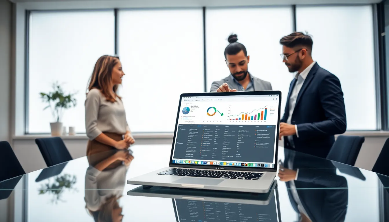 professionals collaborating over Hlzuine28.6 software in a modern office.