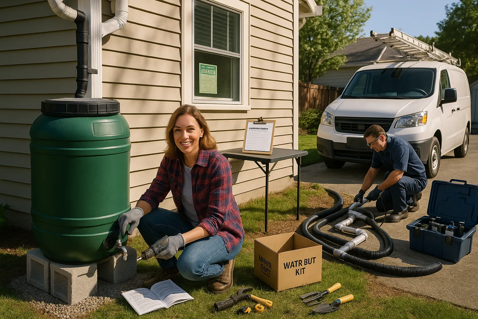 DIY water butt in foreground, plumber installing greywater system in background.