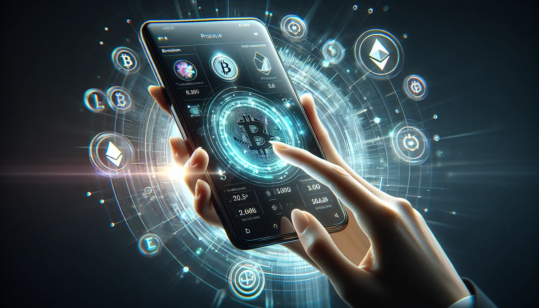 Hand holding smartphone displaying cryptocurrency casino interface with digital coins and secure transaction elements.