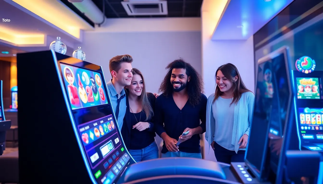 group of friends enjoying Toto slots in a modern gaming room.