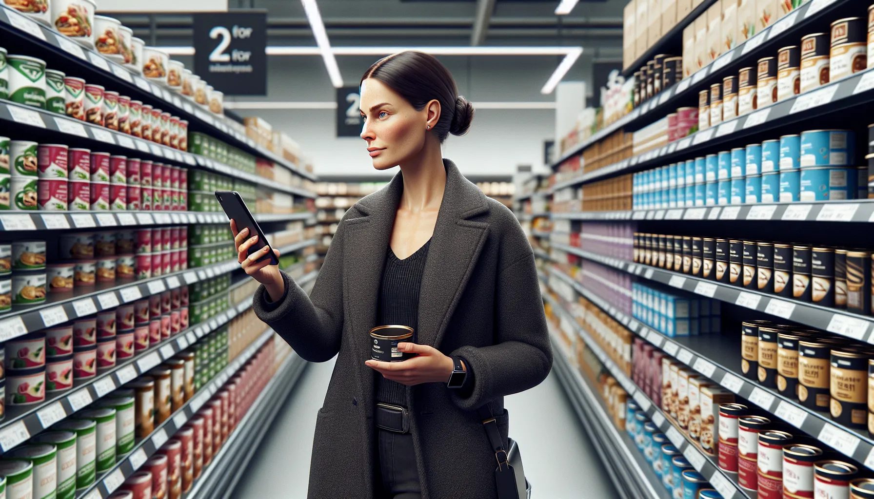 Designer evaluating readable, consistent packaging and shelf signage in a norwegian grocery aisle.