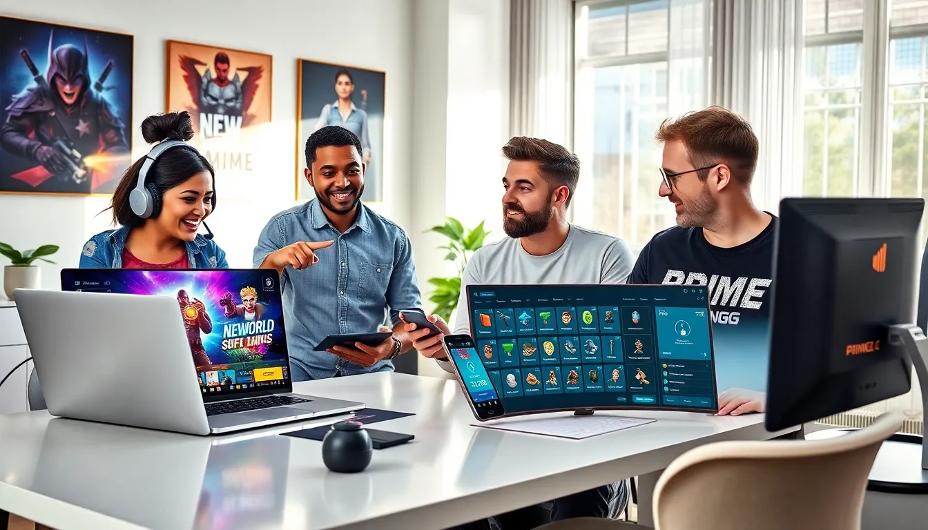 diverse gamers discussing Prime Gaming in a modern office.